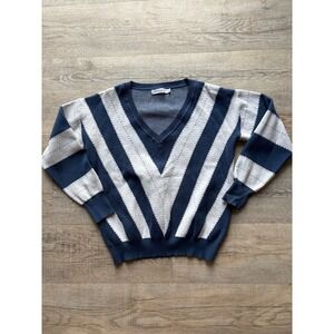 MissLook V-Neck Sweater Women's XL Long Sleeve Knit‎ Blue White Chevron Striped
